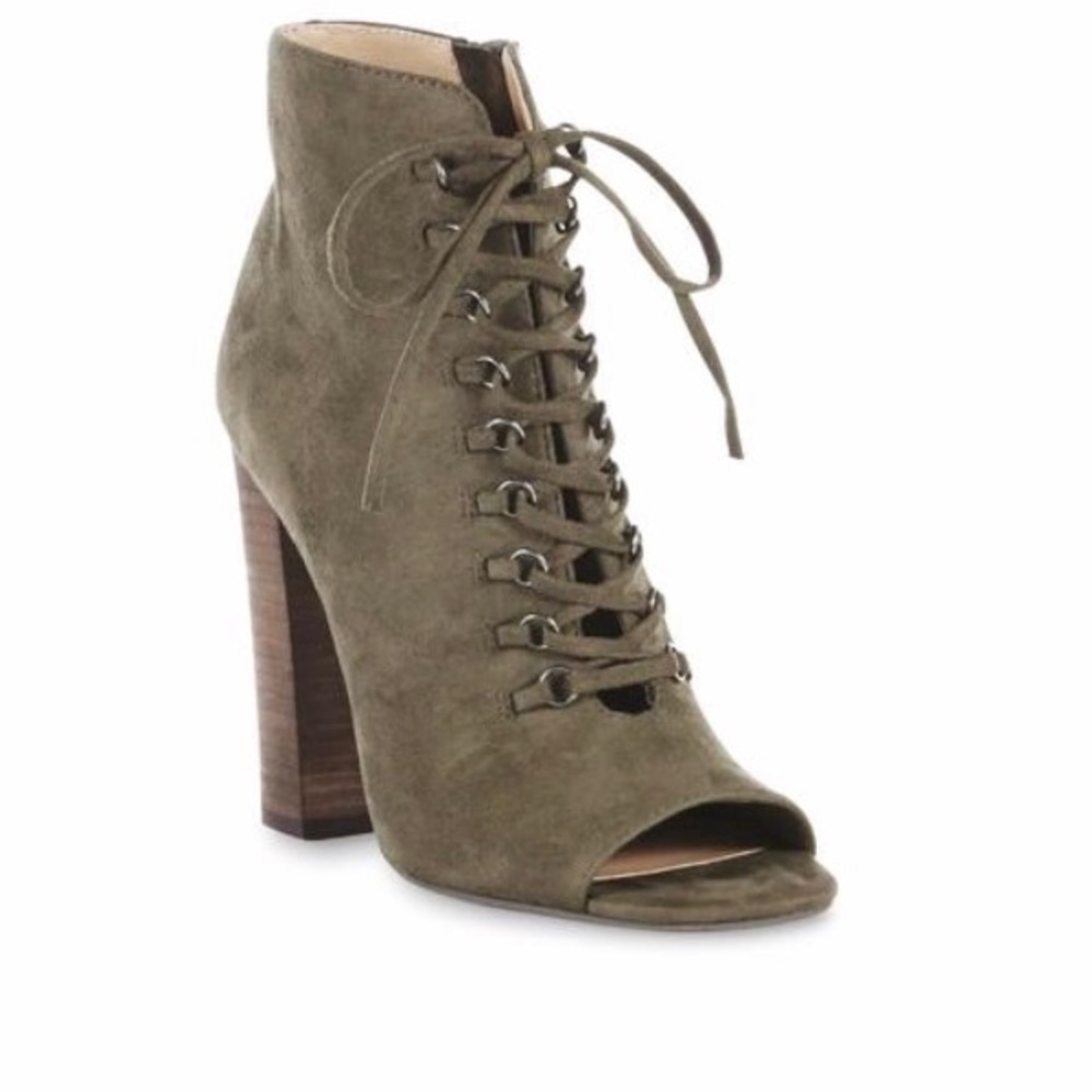 Olive Green lace up block heel booties